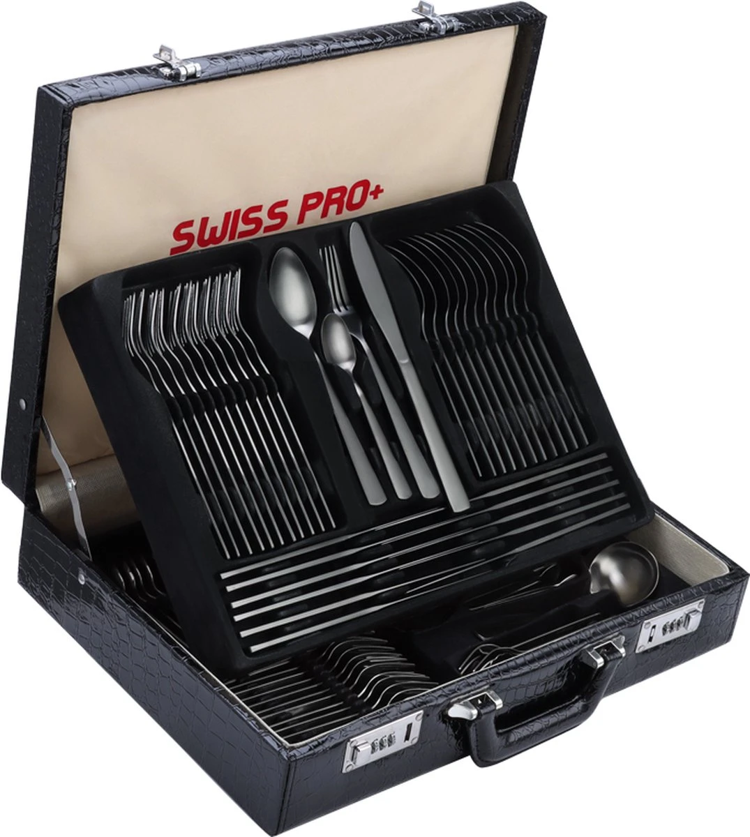Swiss Pro+ Bestekset In Koffer-72 Delig-12 Persoons-Zwitsers Kwaliteit-Complete Set-100% Roestvrijstaal- Zwart