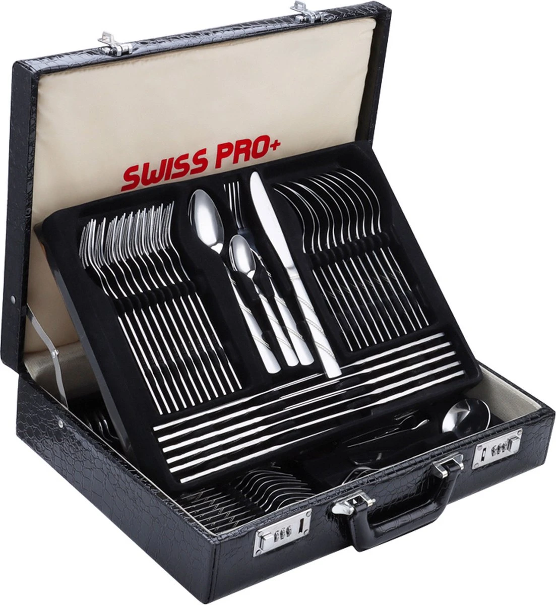 Swiss Pro+ Bestekset In Koffer-72 Delig-12 Persoons-Zwitsers Kwaliteit-Complete Set-100% Roestvrijstaal-Modern
