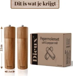 Dieux® - Peper En Zoutmolen Set - Cilinder Vorm - 22CM - Zout Peper Kruiden - 2 Stuks - Acacia Hout - Instelbare Maalgraad - Duurzaam - Luxe Kwaliteit - Hervulbaar - Pepermolen - Zoutmolen - BBQ Accesoires - Pasen -Beste Keukengerei Winkel 1152x1200