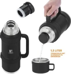 MacGyver RVS Thermoskan 1.5 Ltr – RVS Thermosbeker 0,55 Ltr - Langdurig Warm/koud - Zwart -Beste Keukengerei Winkel 1154x1200