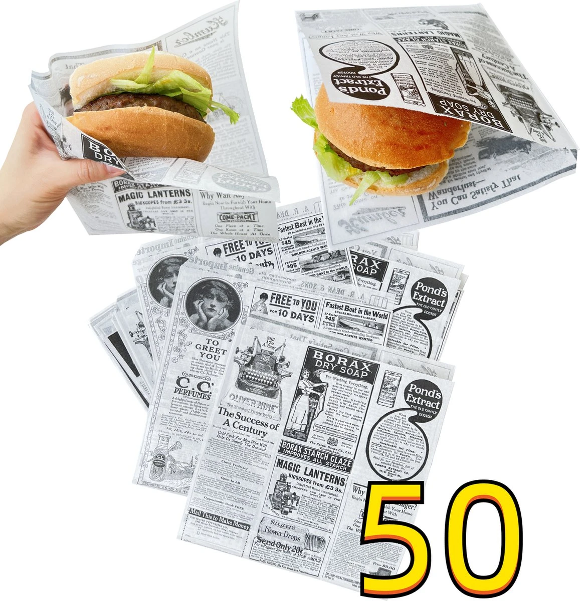 Rainbecom - 50 Stuks - 19 X 17 Cm - Hamburger Zakje Papier - Vetvrij Papier - Papieren Zak Voor Sandwiches - Krant 3 Rainbecom - 50 Stuks - 19 X 17 Cm - Hamburger Zakje Papier - Vetvrij Papier - Papieren Zak Voor Sandwiches - Krant