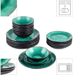 Merkloos Combiservies, 24-delig Coco Tafelservies Van Aardewerk, Raku Glazuur Effect Serviesset, Bevat Mueslikommen, Dessertborden En Dinerborden Voor 8 Personen In Vintage Look, Groen -Beste Keukengerei Winkel 1161x1200 1