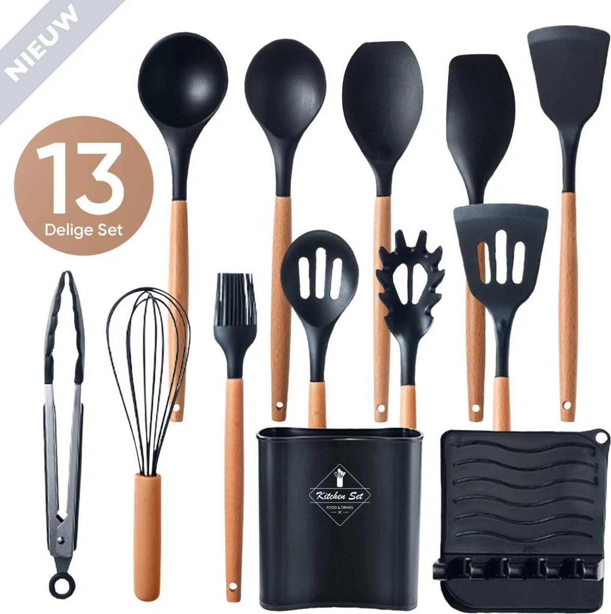 VAIVE Kookgerei Set 13-delig Met Houder - Keukengerei Set - Garde - Spatel Silicone 4 VAIVE Kookgerei Set 13-delig Met Houder - Keukengerei Set - Garde - Spatel Silicone - Afbeelding 2