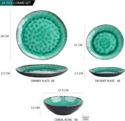Merkloos Combiservies, 24-delig Coco Tafelservies Van Aardewerk, Raku Glazuur Effect Serviesset, Bevat Mueslikommen, Dessertborden En Dinerborden Voor 8 Personen In Vintage Look, Groen -Beste Keukengerei Winkel 1200x1165