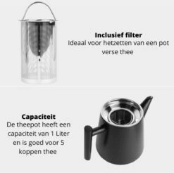 Castagnola Theepot Met Filter – Theekan – Theepot Dubbelwandig – Theepot Roestvrijstaal – Hoogwaardig RVS – 1 Liter – 5 Kopjes Thee – Zwart -Beste Keukengerei Winkel 1200x1195 16