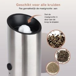 DODANA Premium Peper - & Zoutmolen Elektrisch - 1 Stuk - Pepermolen - Zoutmolen - Oplaadbaar - USB - Elektrische Pepermolen - RVS - Zwaartekracht Functie - LED Lamp - Nl Handleiding - Incl Borsteltje -Beste Keukengerei Winkel 1200x1199 13