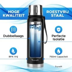TravelR Thermosfles - Thermoskan - Drinkfles - Isoleerfles - BPA Vrij - Roestvrij Staal - 750 ML - Mat Zwart -Beste Keukengerei Winkel 1200x1200 119